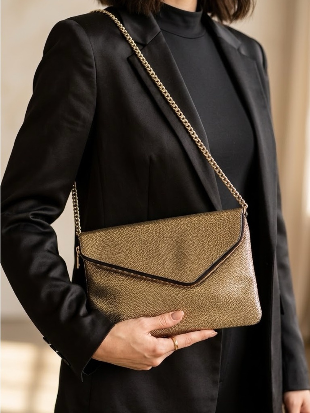 henri bendel Metallic Gold Envelope Clutch with Chain Strap